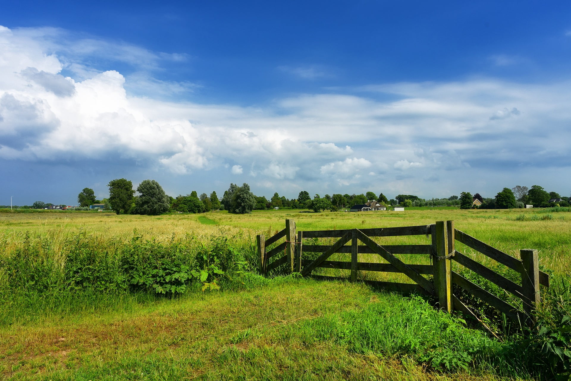 toegang naar een weiland met een houten hek ervoor. Blauwe lucht met wolken erboven.