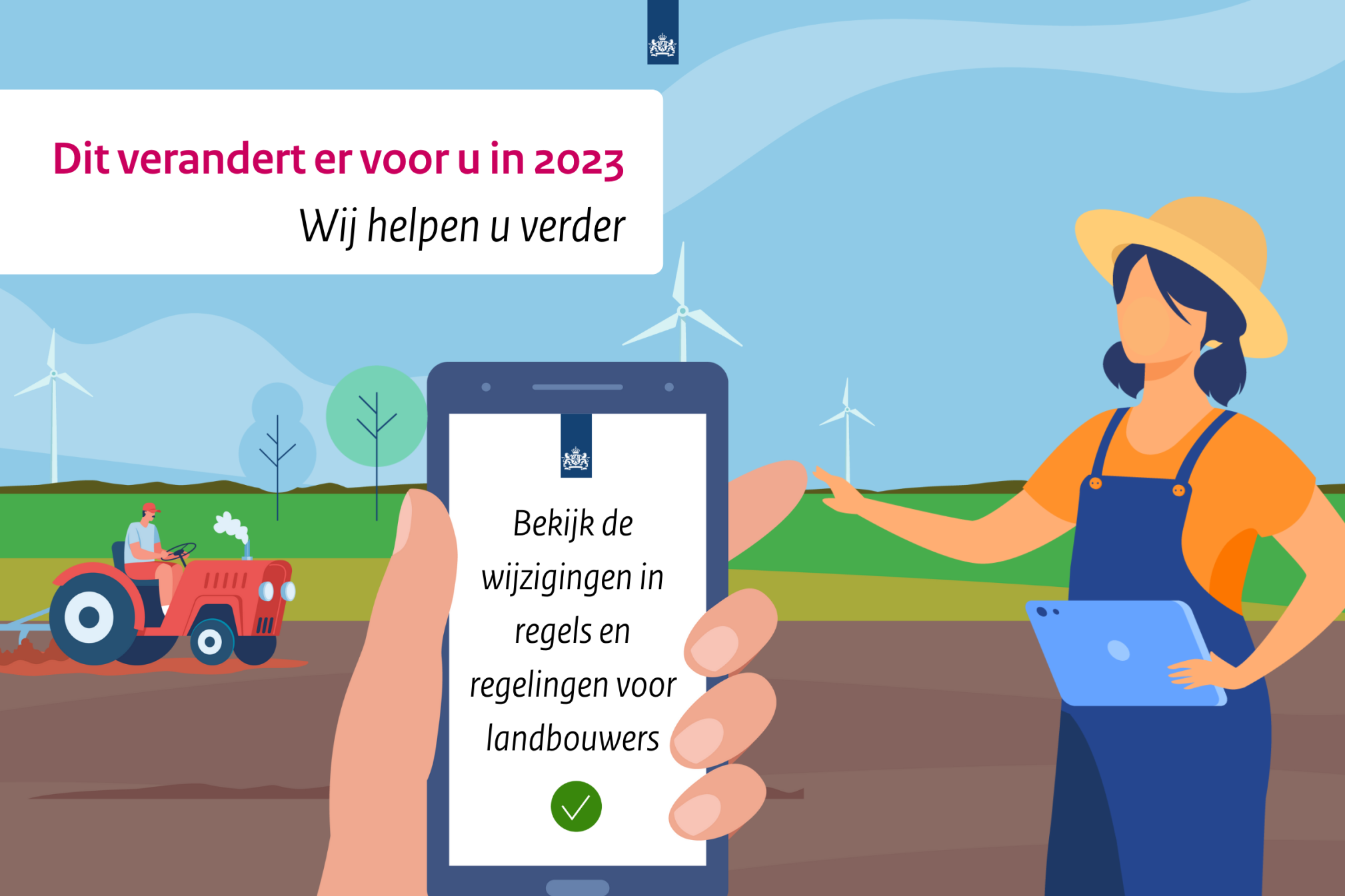 Illustratie Veranderingen 2023: boerin met tablet, boer met tractor op het land, in het midden smartphone met tekst 