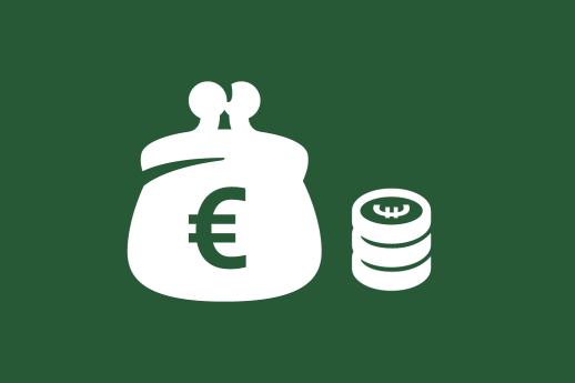 Portemonnee met eruo-teken en een stapel munten op een groene achtergrond