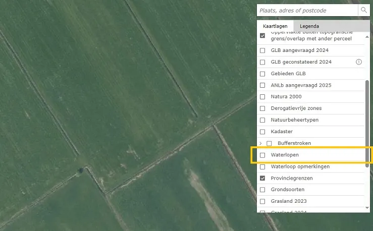 Kaartlaag Waterlopen inschakelen in Mijn percelen