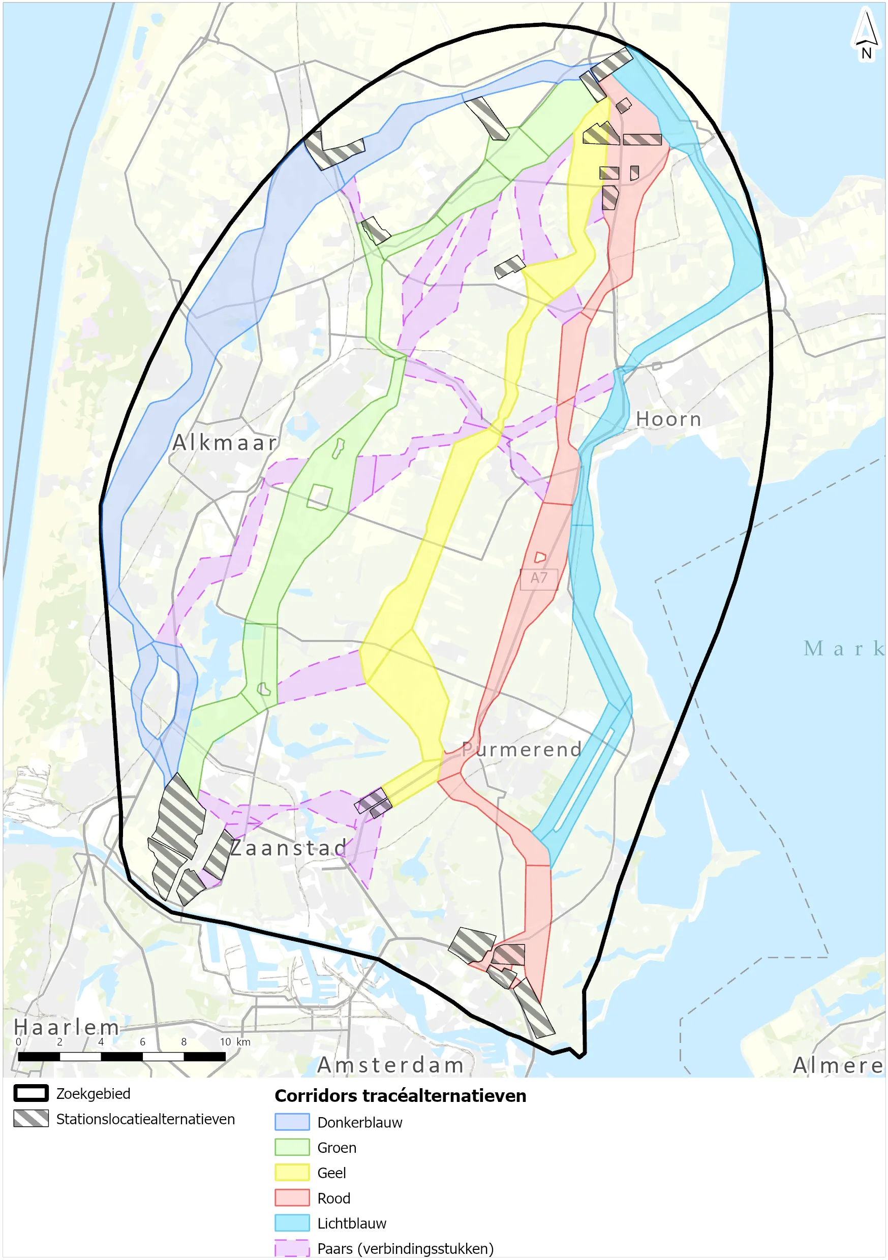 Afbeelding van corridors en onderzoeksalternatieven 380 kV-Netuitbreiding Noord-Holland Noord