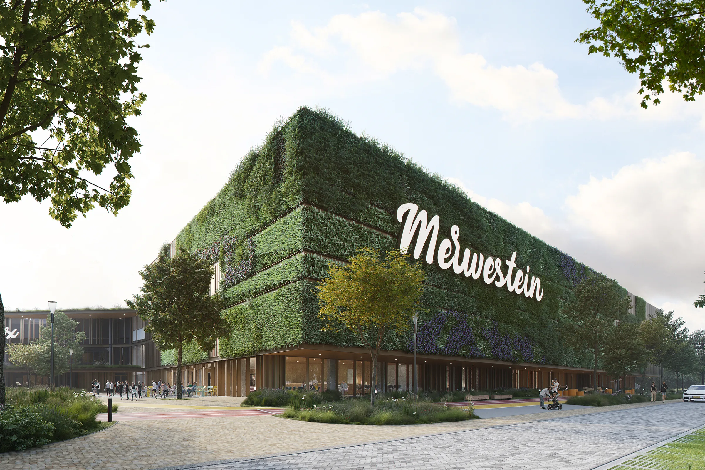 Sport- en evenementencomplex Merwestein met groene gevels (computergenerated)