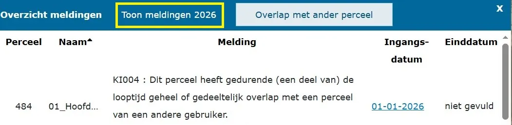 Mijn percelen Overzicht meldingen overlap 2026