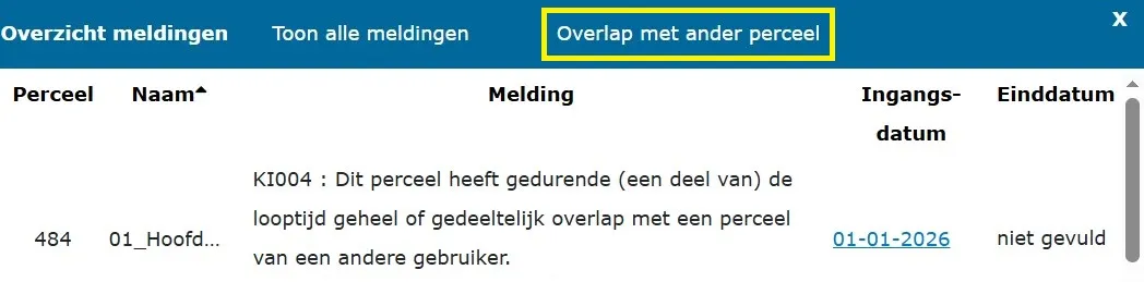 Knop Overzicht meldingen - Overlap met ander perceel