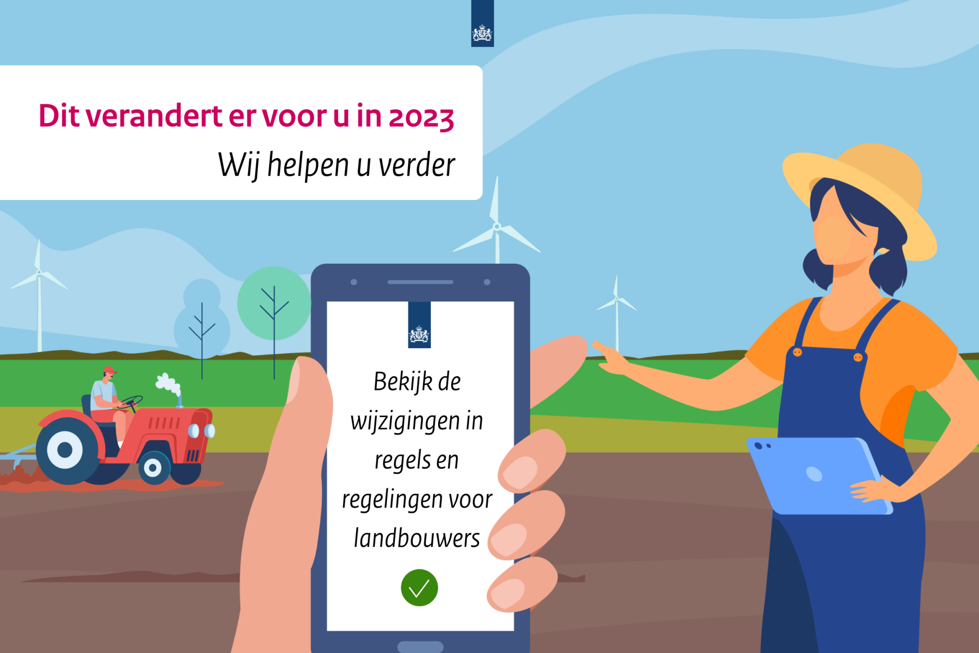 Illustratie Veranderingen 2023: boerin met tablet, boer met tractor op het land, in het midden smartphone met tekst